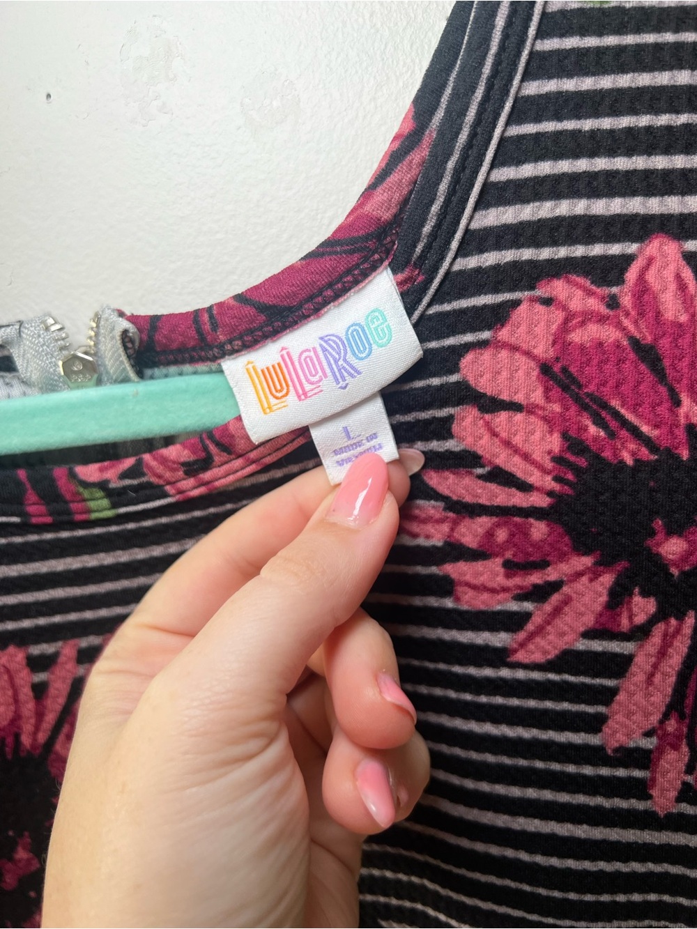 LuLaRoe Black Striped Dress with Pink Floral Overlay - Picture 3 of 4